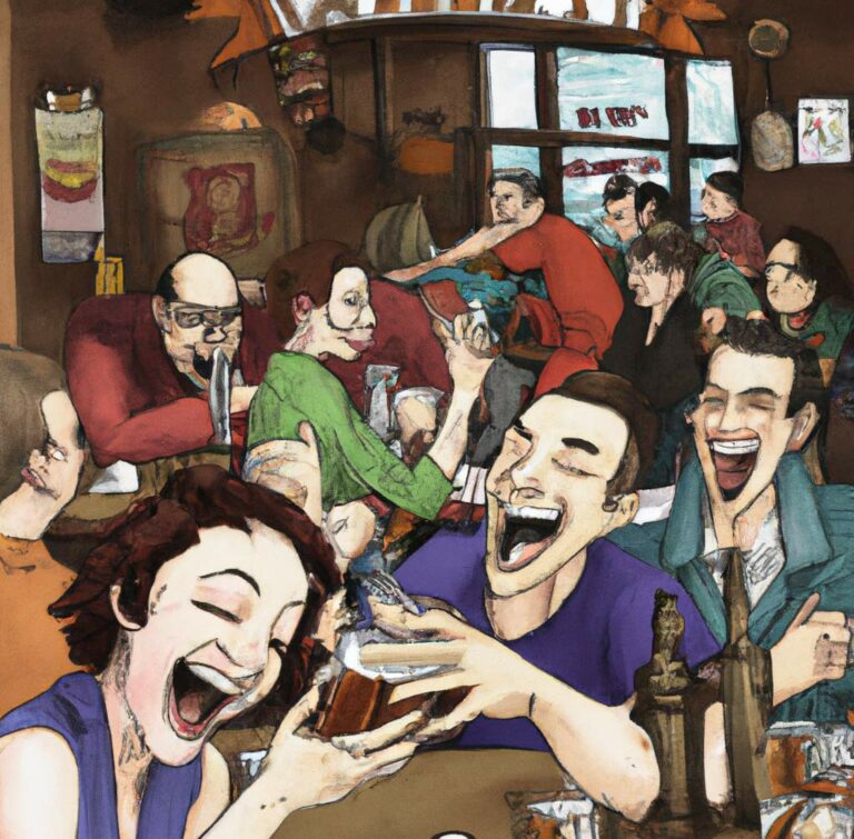 Stilisierte Illustration mit Menschen und Getränken in einer Kneipe