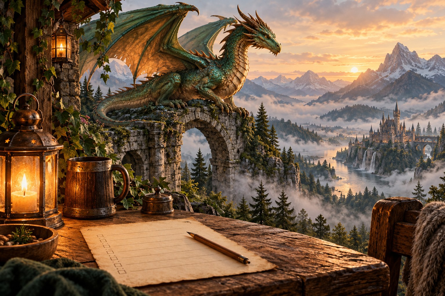 Ein kupfergrüner Drache auf einem Steinbogen über einer Berglandschaft; vorn liegen Quizblatt und Stift.