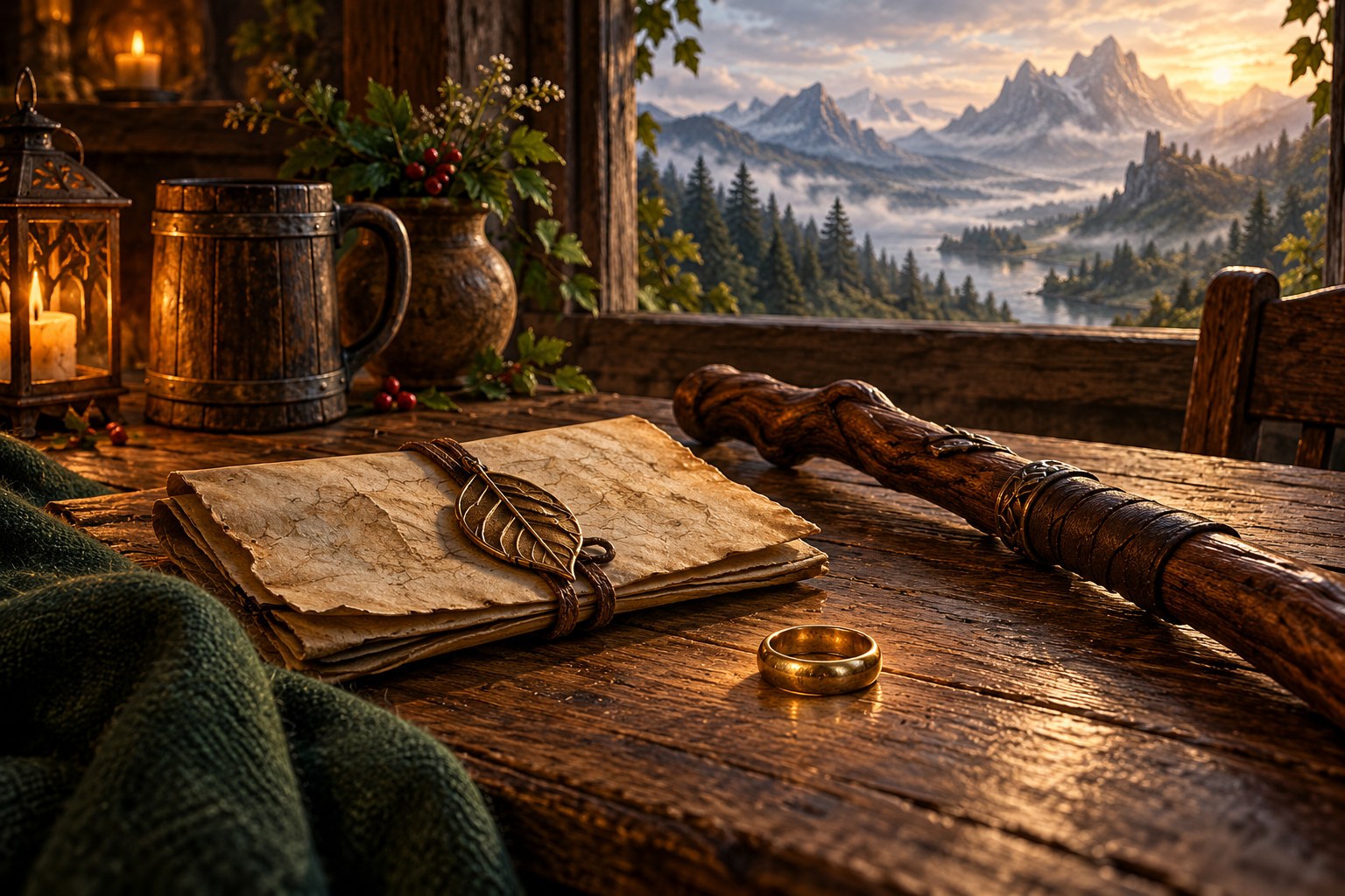 Ein schlichter goldener Ring, eine Karte und ein Wanderstab auf einem Wirtshaustisch; im Fenster liegt eine weite Berglandschaft.