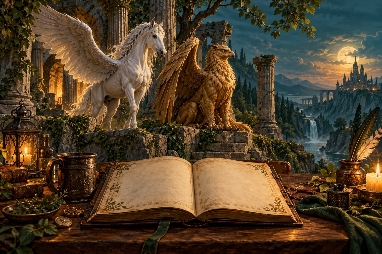 Ein weißes Flügelpferd und ein goldener Greif neben antiken Tempelruinen; auf dem Tisch liegt ein aufgeschlagenes Buch.