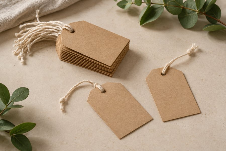 Unbeschriftete Papieranhänger mit Schnüren.