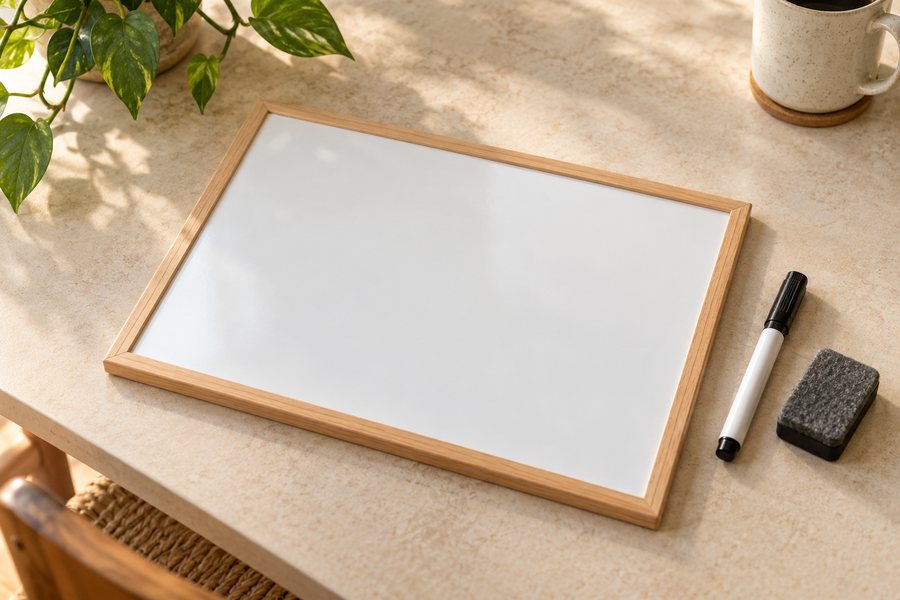 Kleine weiße Antworttafel mit Stift.