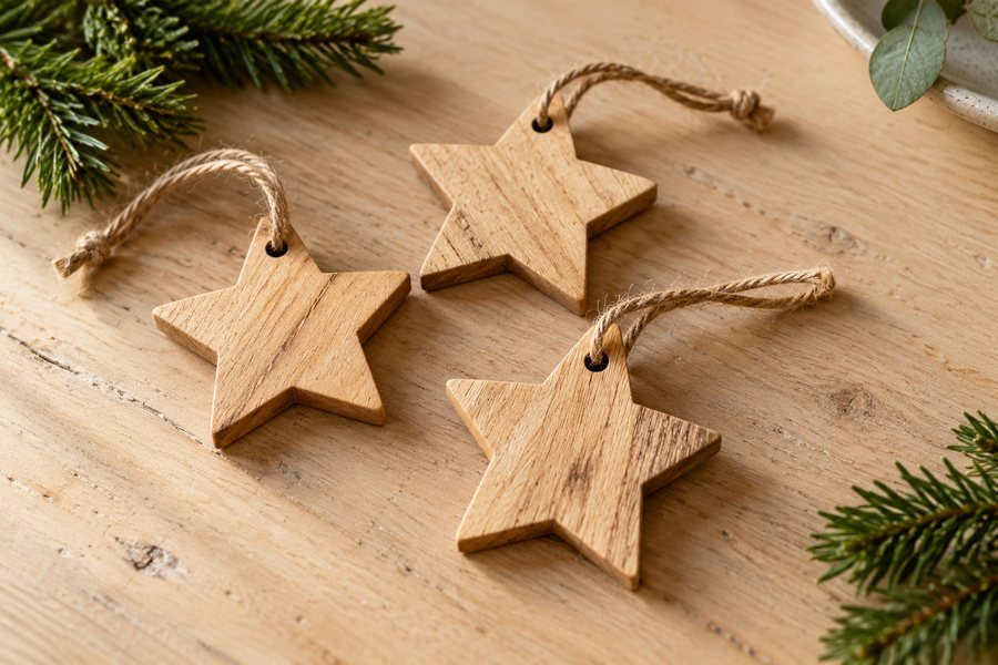 Holzsterne mit kleinen Aufhängeschnüren.
