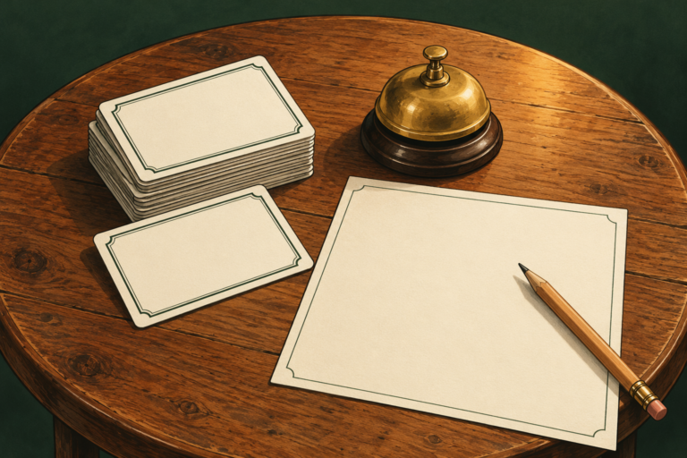 Illustration mit Quizkarten, Antwortbogen, Bleistift und Tischgong