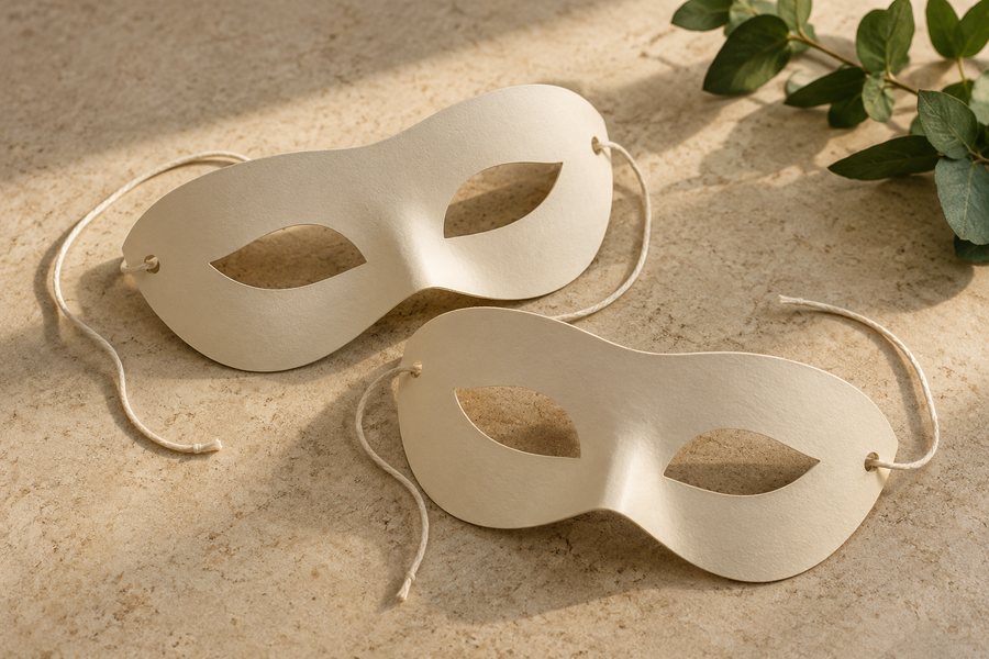 Zwei unbemalte Masken aus Pappe.