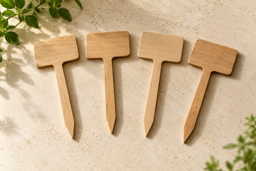 Unbeschriftete Pflanzenstecker aus Holz.