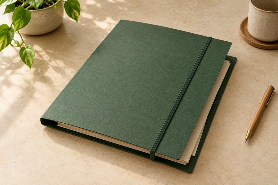 Grüne Sammelmappe mit leeren Papierbögen.