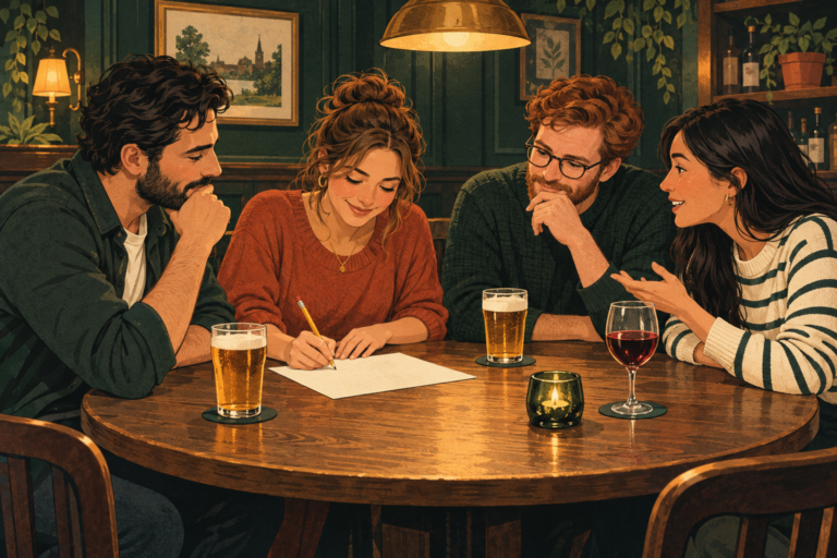 Illustration: Vier Erwachsene rätseln gemeinsam an einem Kneipentisch