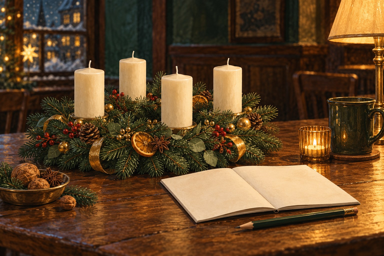 Adventskranz mit vier Kerzen, Quizheft und Stift auf einem warm beleuchteten Kneipentisch.