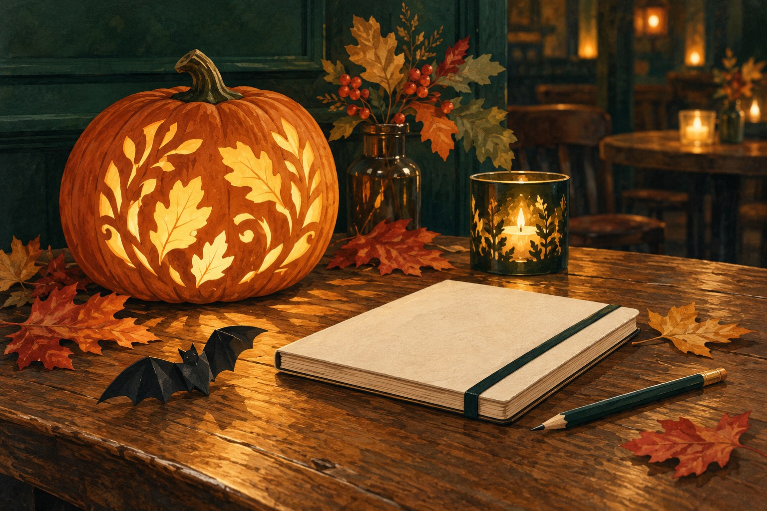 Illustrierte Kürbislaterne, Papierfledermaus und Quizheft auf einem herbstlich geschmückten Kneipentisch.