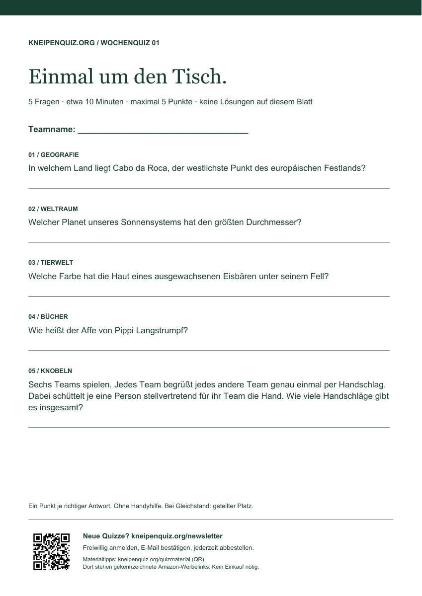 Vorschau: Wochenquiz 01 auf einer A4-Seite mit fünf Fragen und Antwortzeilen.